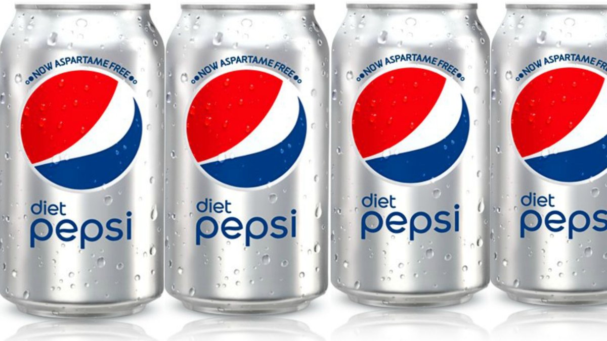 Produk diet Pepsi, salah satu produk Pepsi kaleng dengan warna putih silver.